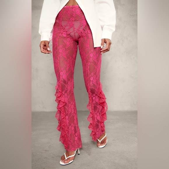 PrettyLittleThing Pants - Pink Lace Ruffle Pants